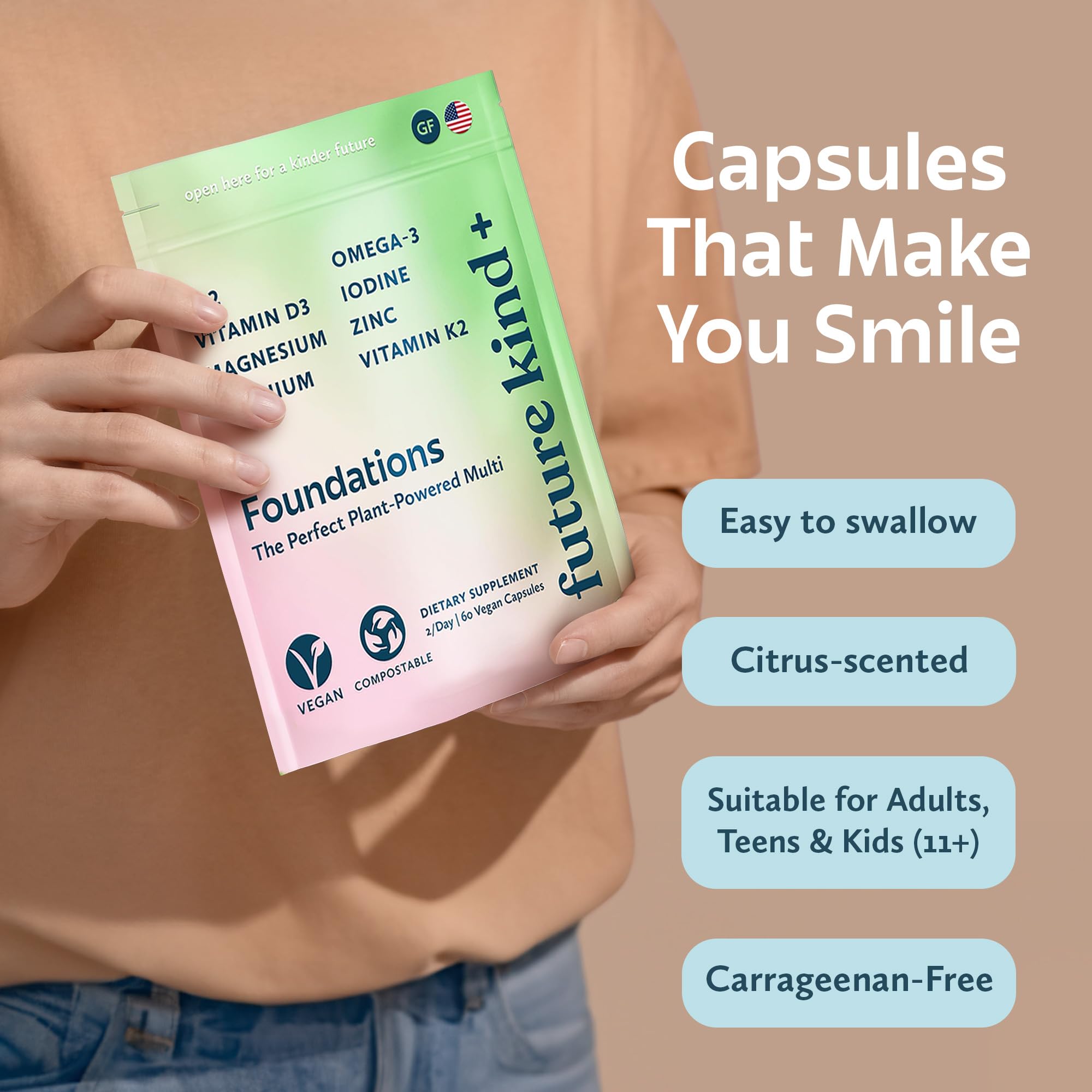 Close-up of Omega-3, B12, D3, Zinc, Iodine, K2, Magnesium, and Selenium tablets