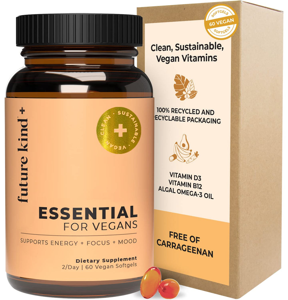 Future Kind vegan multivitamins in a glass bottle with 60 softgels