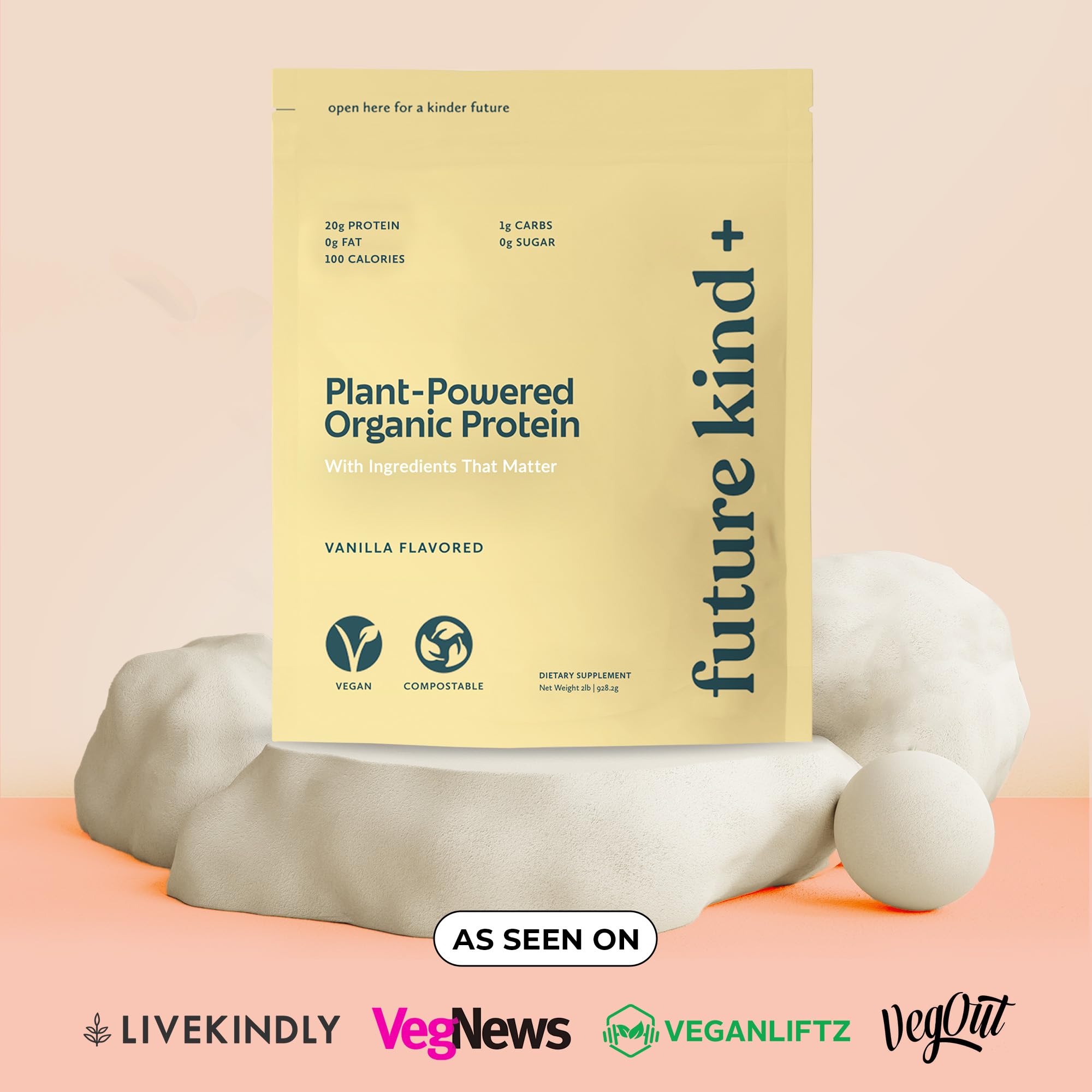 Future Kind vegan protein powder vanilla powder closeup shows smooth texture and natural sweetness