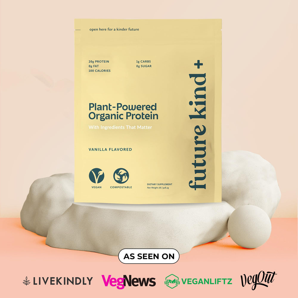 Future Kind vegan protein powder vanilla powder closeup shows smooth texture and natural sweetness
