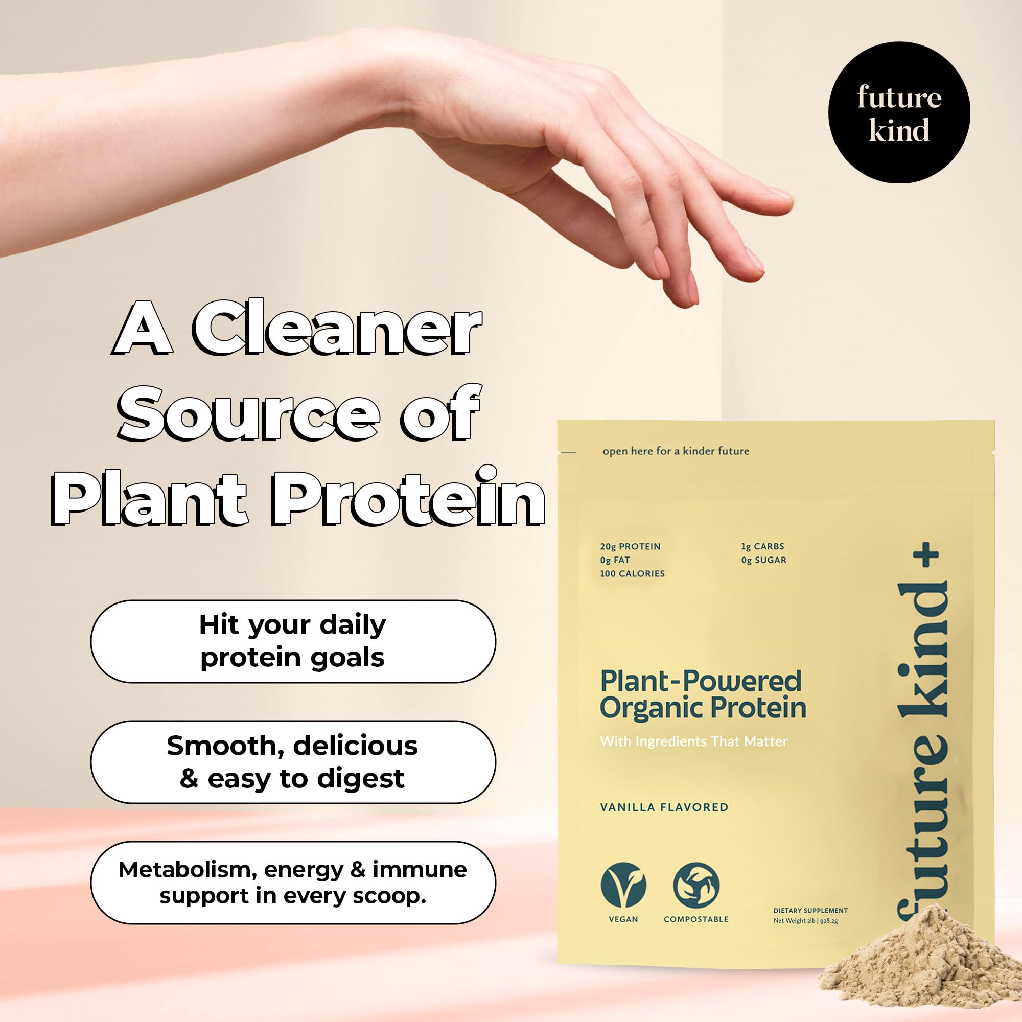 Future Kind vegan protein powder vanilla scoop highlights 20g protein per serving