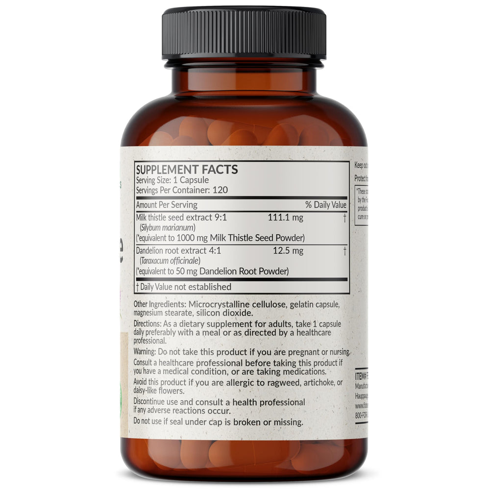 Product label for Futurebiotics Milk Thistle Silymarin Marianum & Dandelion Root