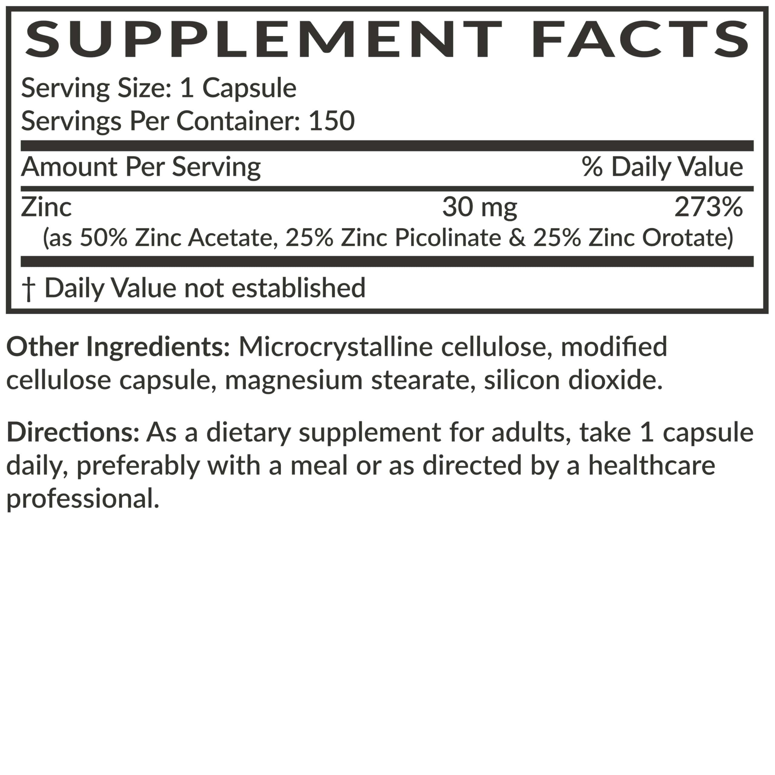 Nutrition facts showing 30 mg zinc per capsule