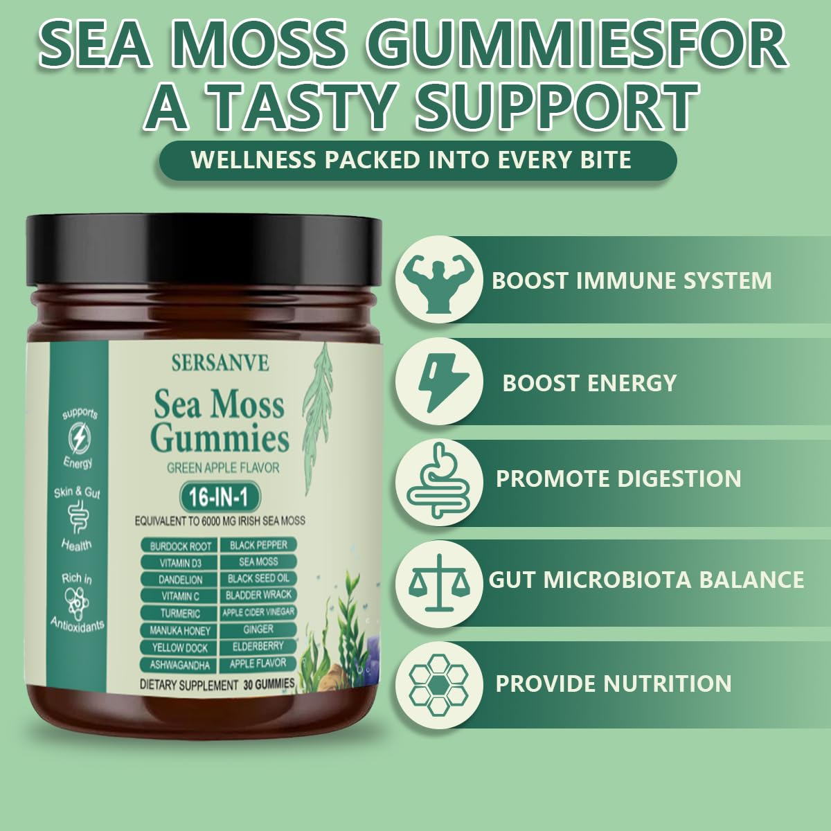 Illustration of 16 herbal ingredients including Irish seaweed, bladderwrack, burdock root and rooibos