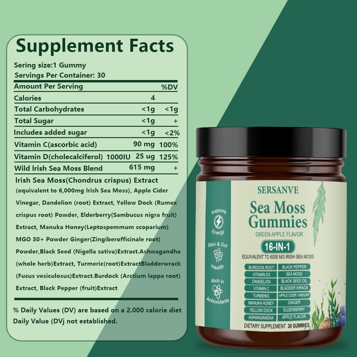 Glass jar displaying 6000 mg seaweed essence per jar