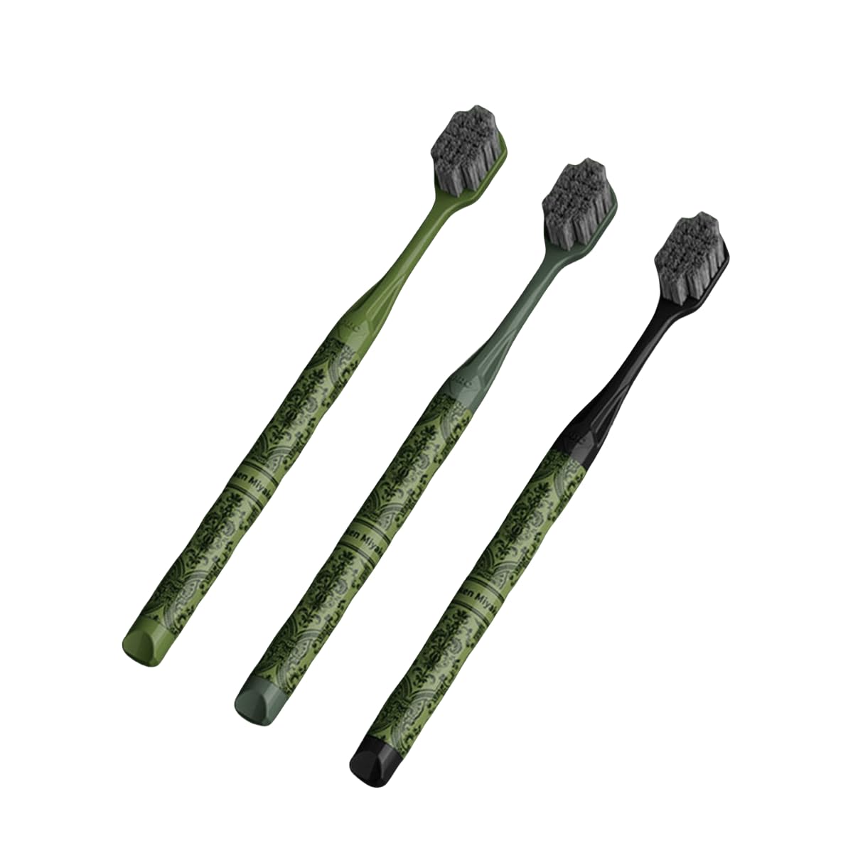 Front view of six toothbrushes with forest-themed design