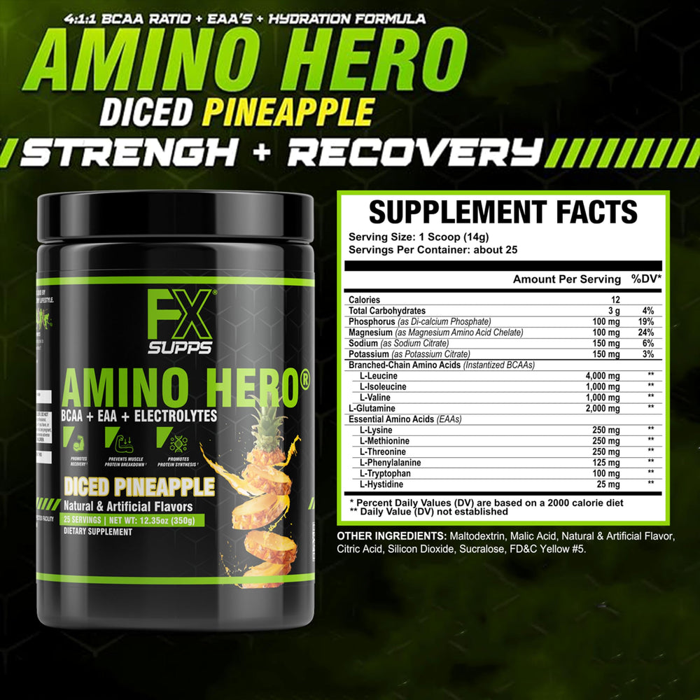 Amino Hero Diced Pineapple flavor packaging showing 25 servings