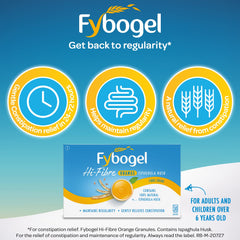 Close-up of Fybogel Orange sachets with orange flavour