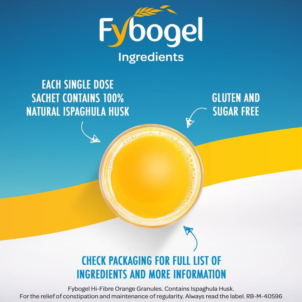 Sachets arranged beside a glass of orange Fybogel drink