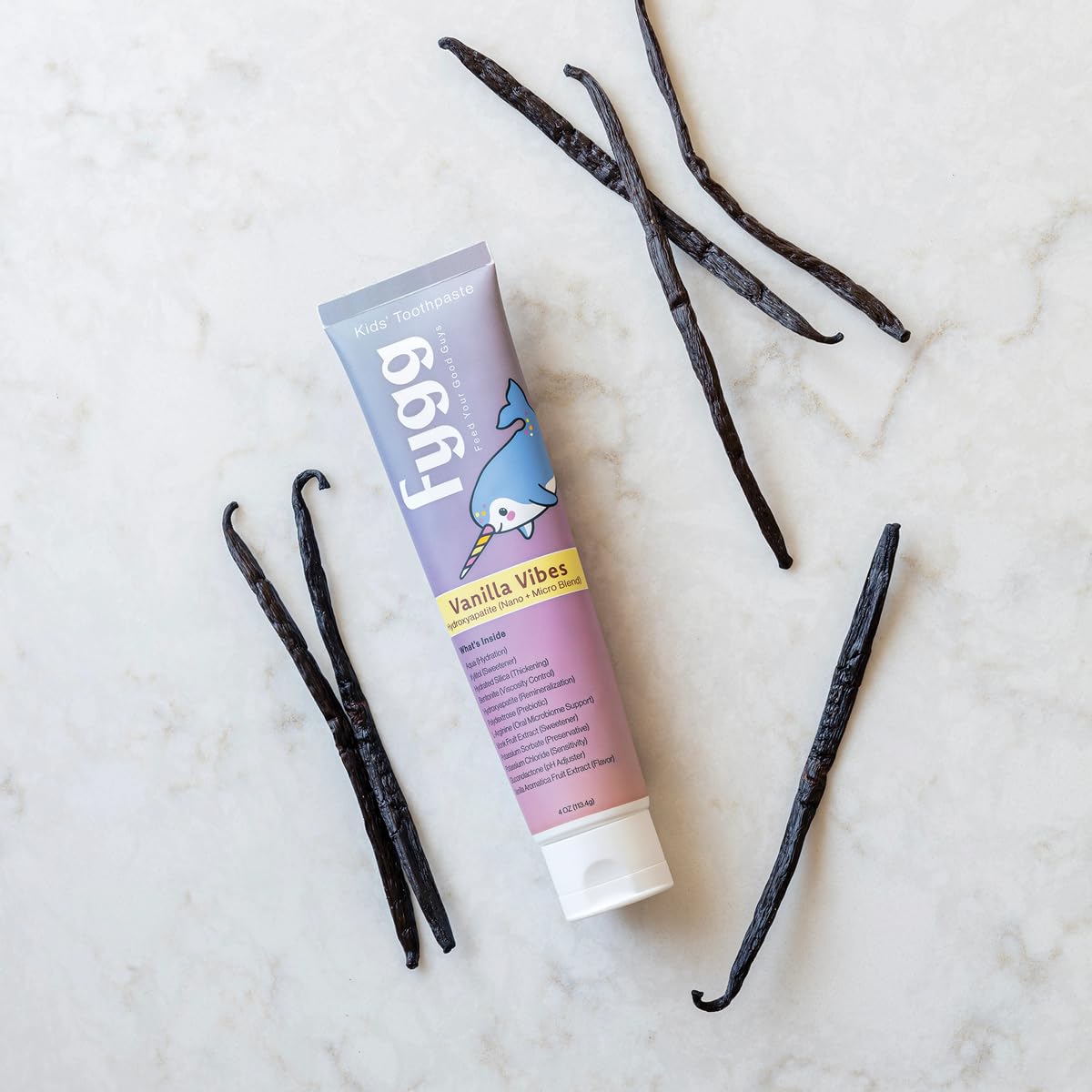 Close-up of Fygg Vanilla Vibes toothpaste packaging and tube