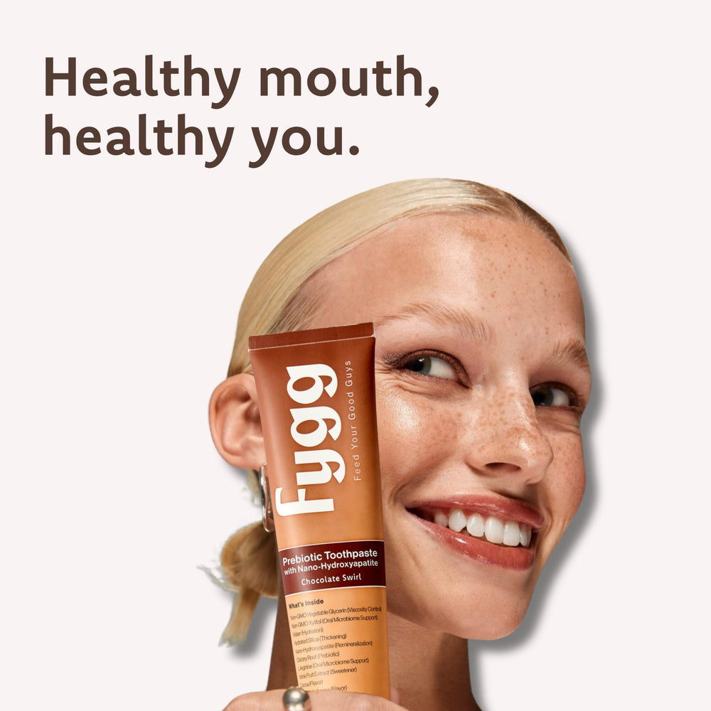 Graphic of prebiotics, xylitol, chicory root and L-arginine with Fygg toothpaste