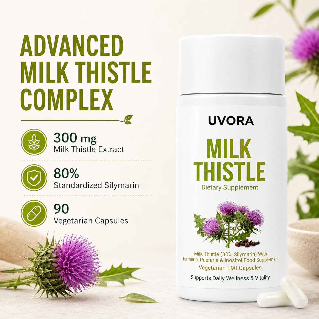 FYRKOA Uvora bottle open with capsules visible, illustrating easy once-daily use