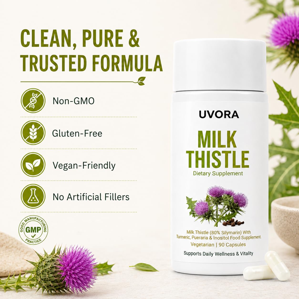 FYRKOA milk thistle seeds and Uvora sachet showing natural botanical ingredient focus