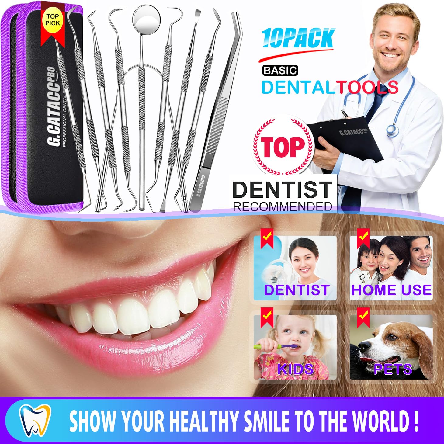 Hygiene kit including mirror, tweezers, tongue cleaner and dental picks