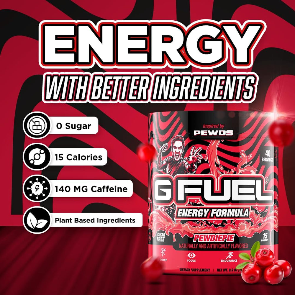 Front view of G Fuel PewDiePie Lingonberry packaging