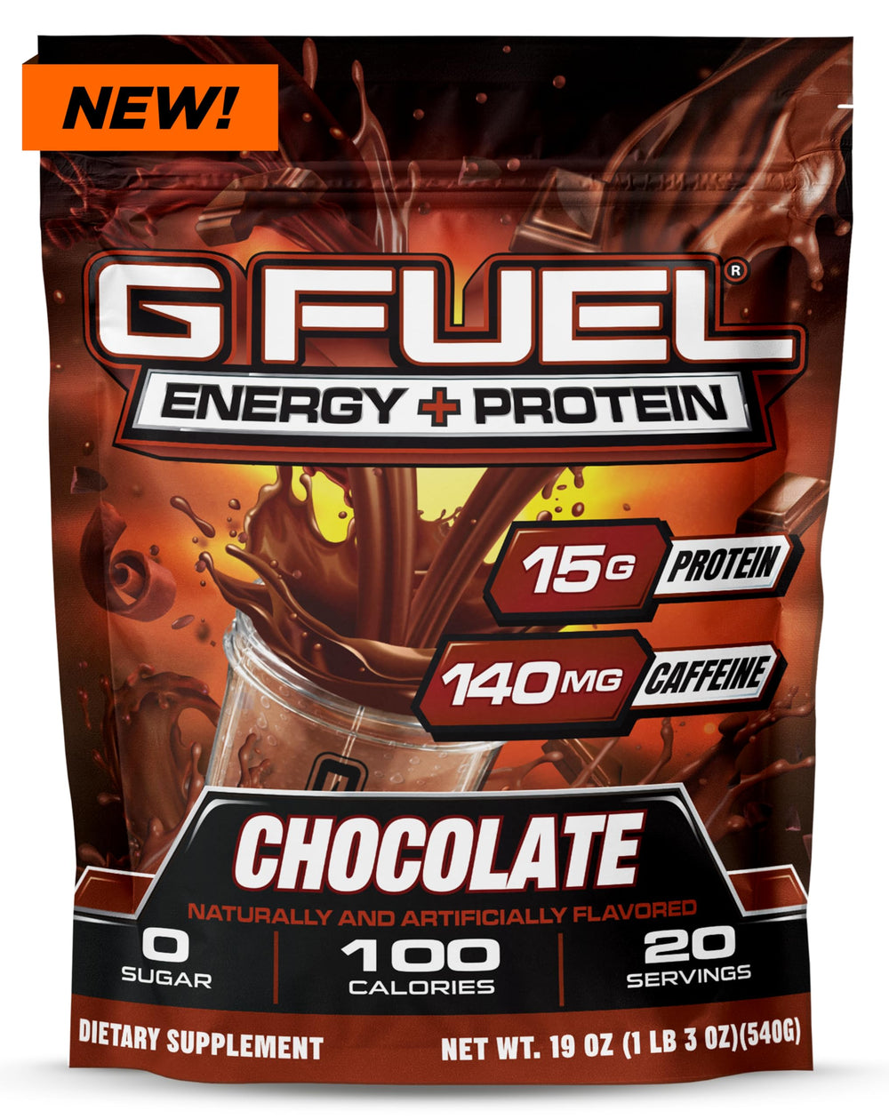 G Fuel Protein + Energy powder chocolate container side view for convenient pre-workout energy