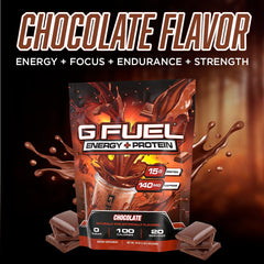 G Fuel protein-energy powder chocolate labeled jar highlighting clean energy