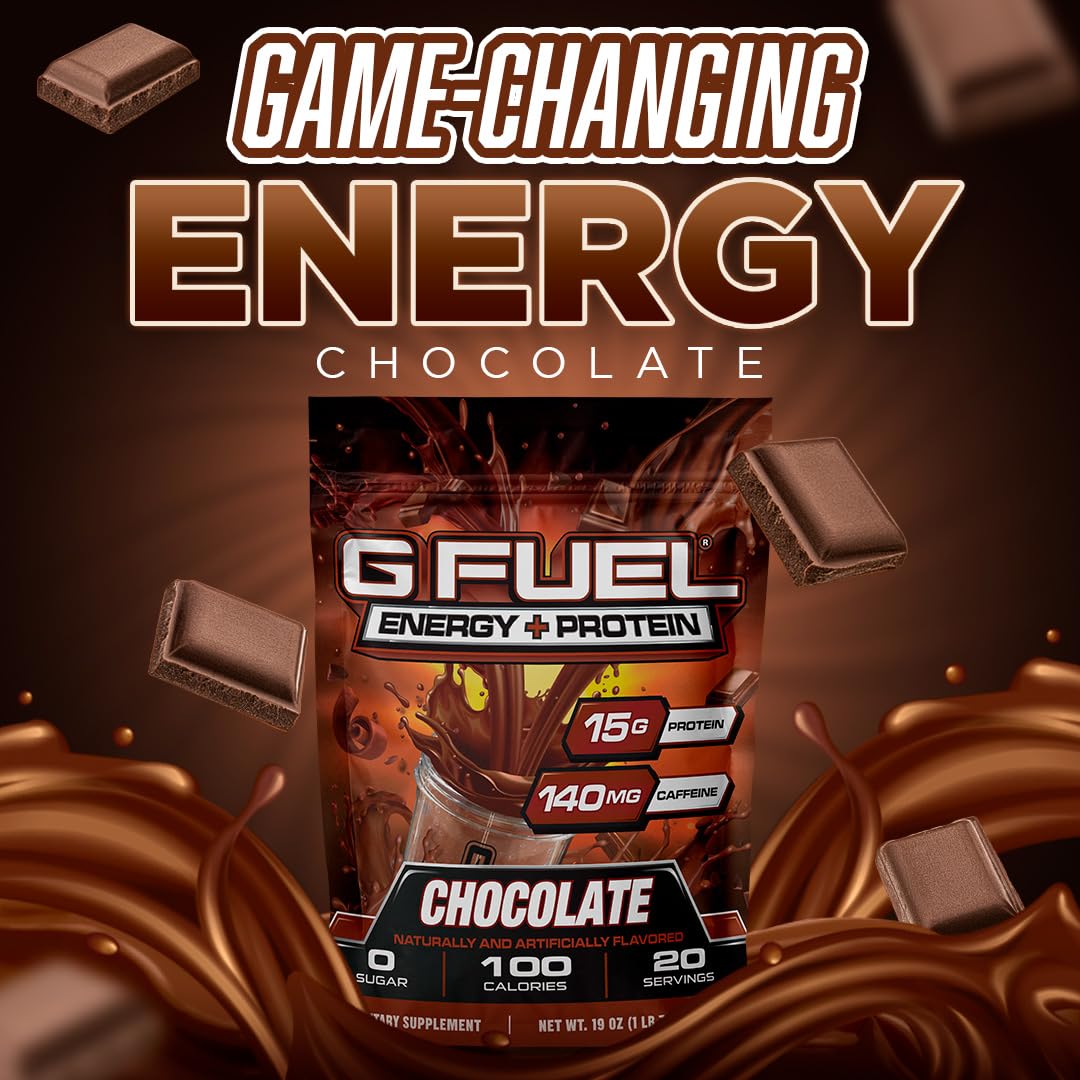 G Fuel protein-energy powder chocolate scoop dispensing for easy serving
