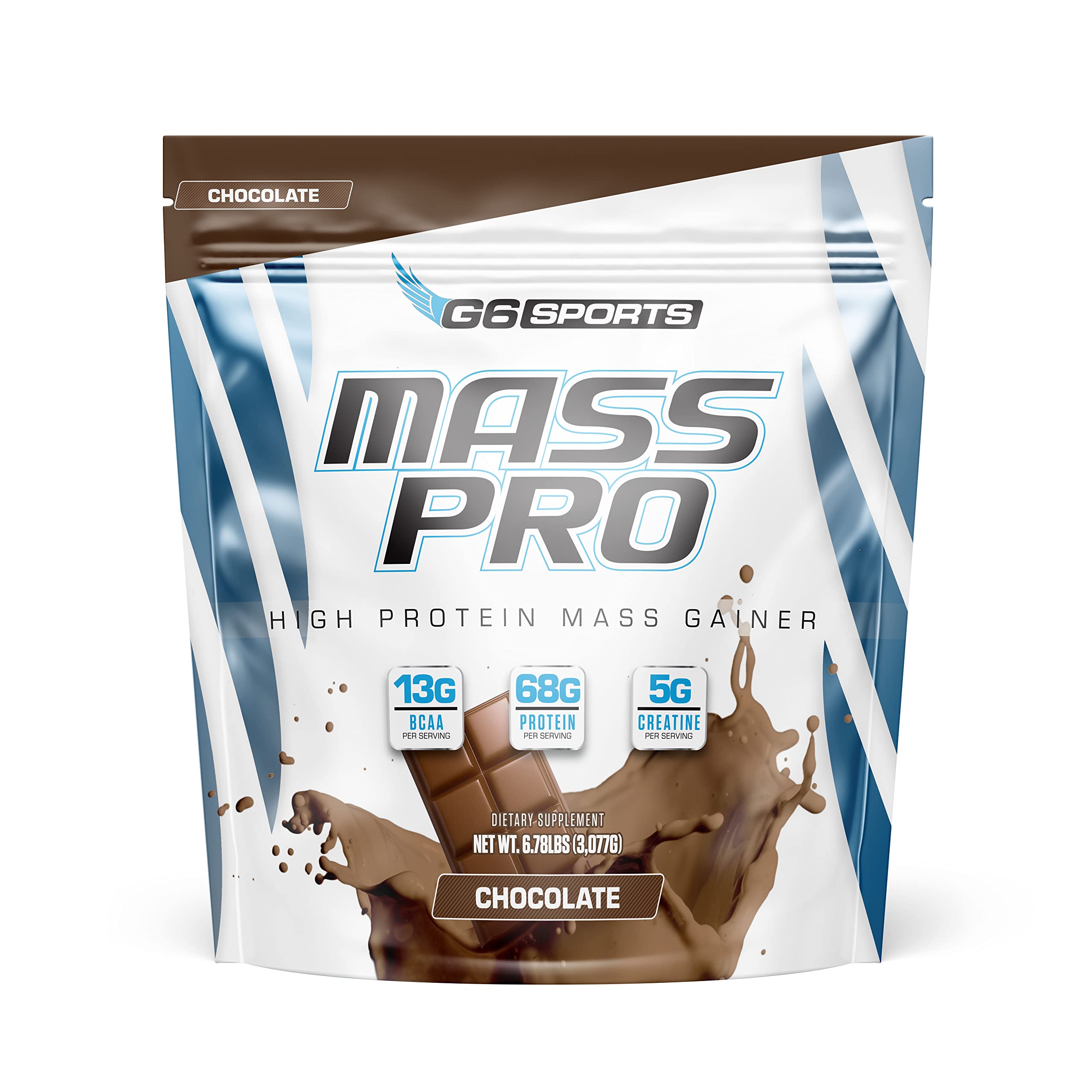 G6 Mass Pro chocolate flavor front view in 7lb bag