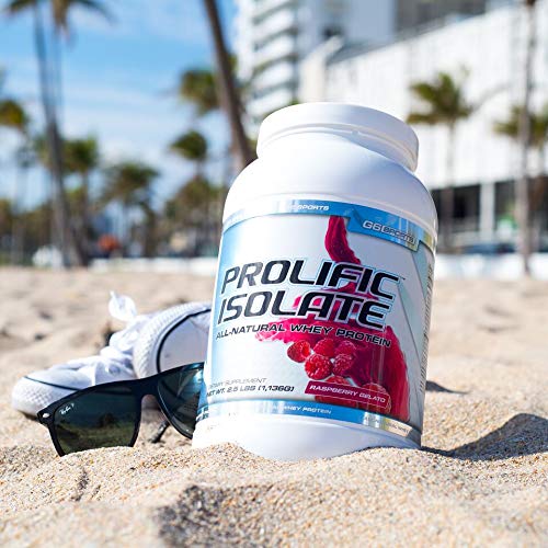 G6 Prolific Isolate Raspberry Gelato powder-dispense image emphasizes 100 calories per serving