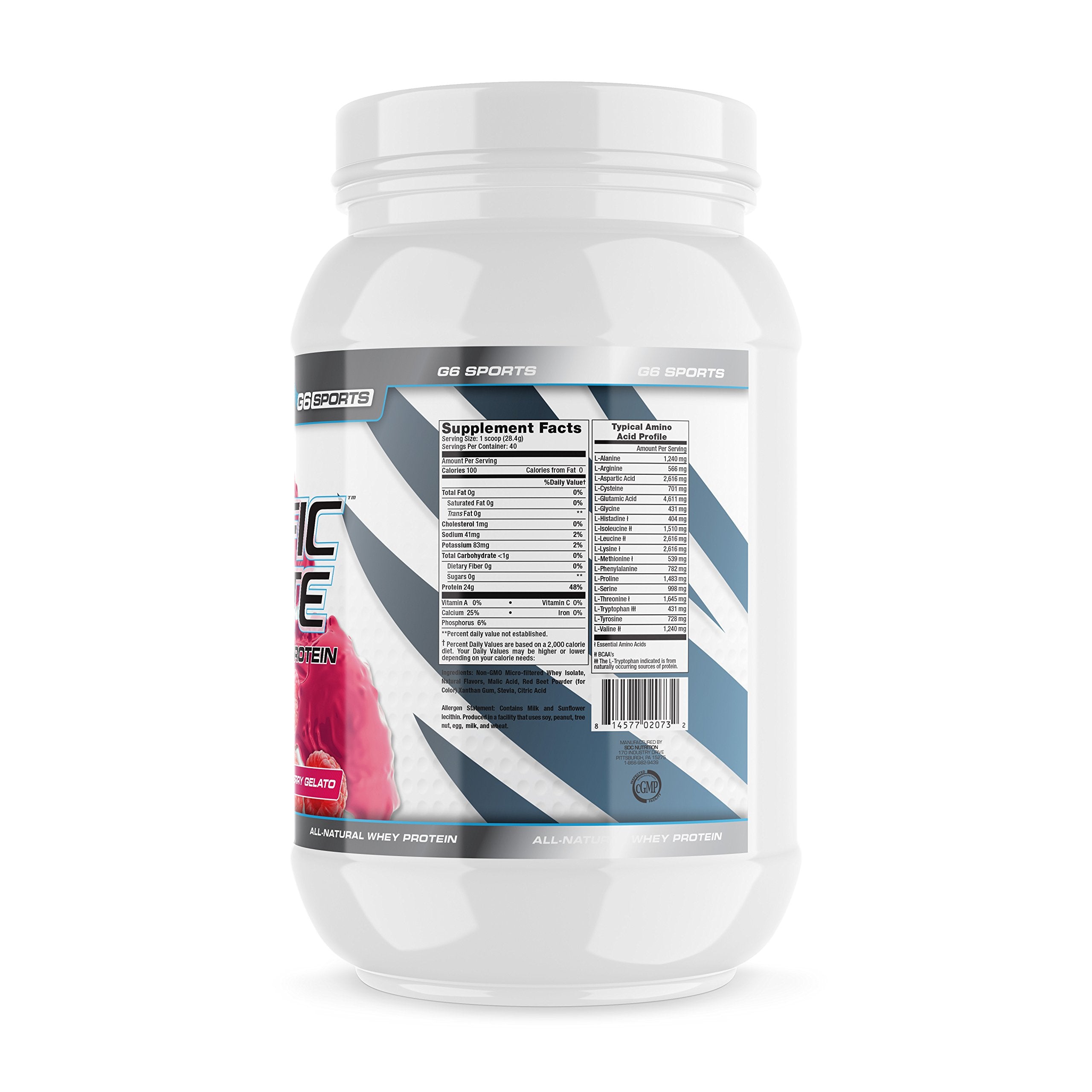G6 Prolific Isolate Raspberry Gelato scoop highlights 25g protein per serving for lean gains