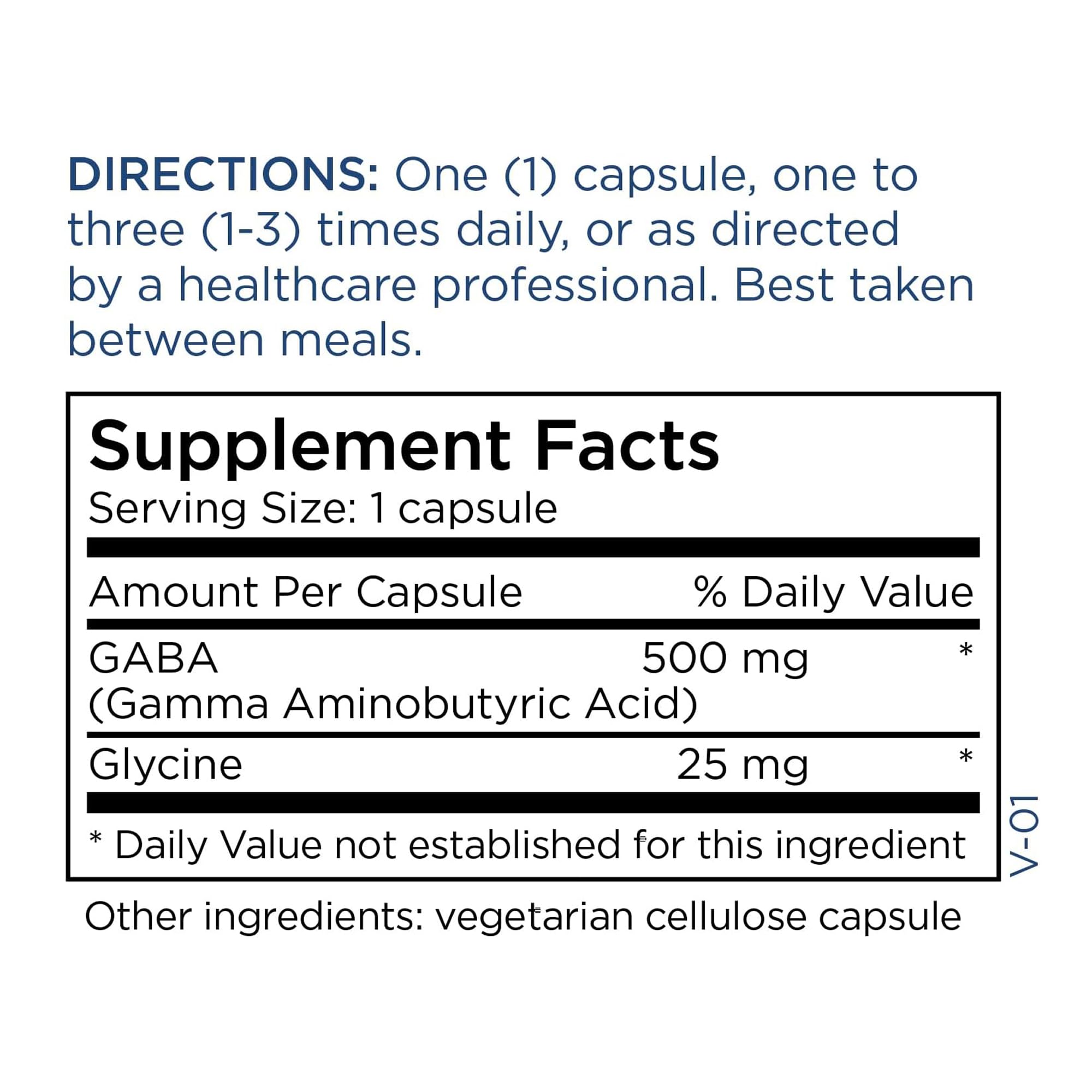 Label highlighting no fillers in GABA 500mg capsules