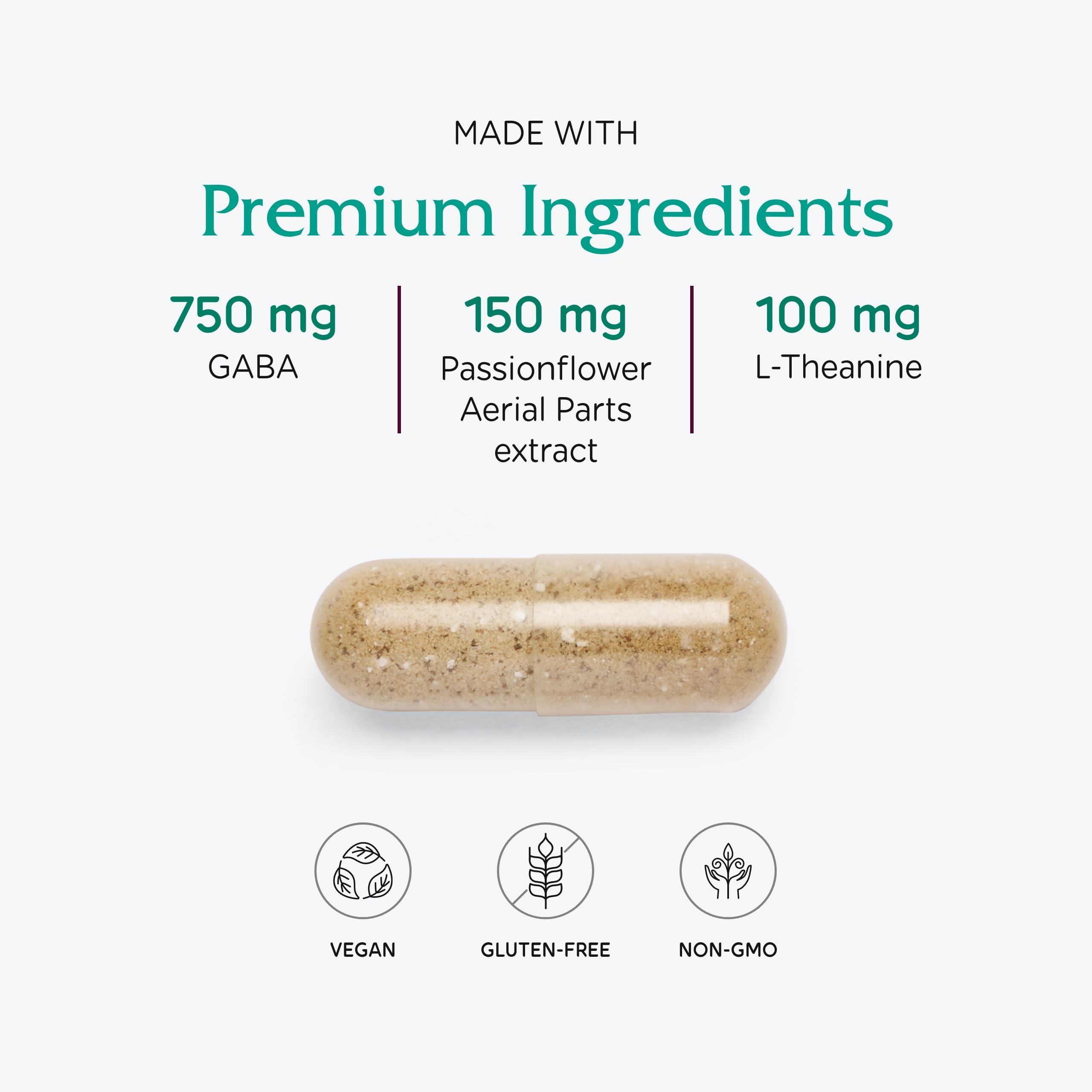 Two vegan capsules of GABA Ease on white background