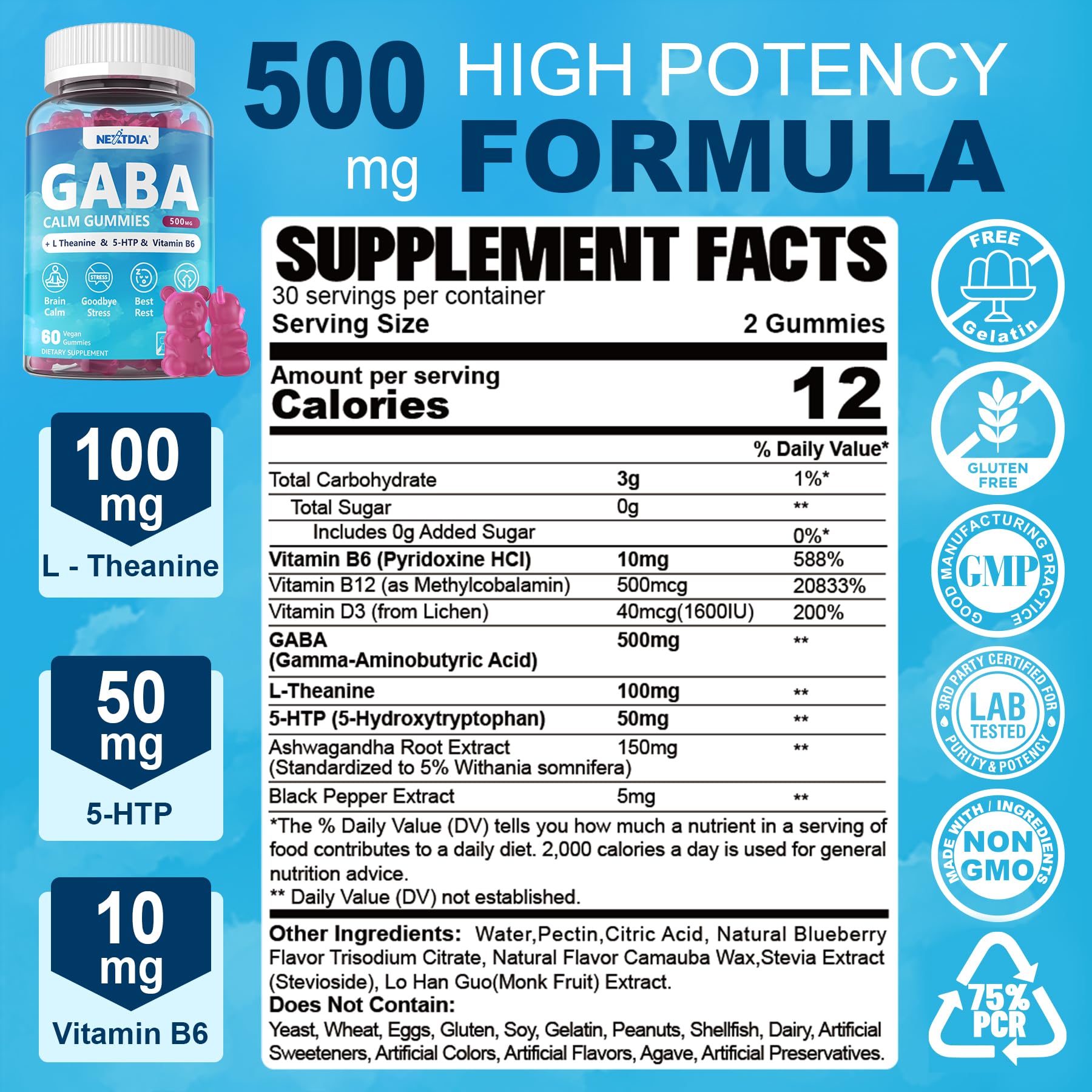 GABA Gummies 500 mg blueberry nutrition facts label
