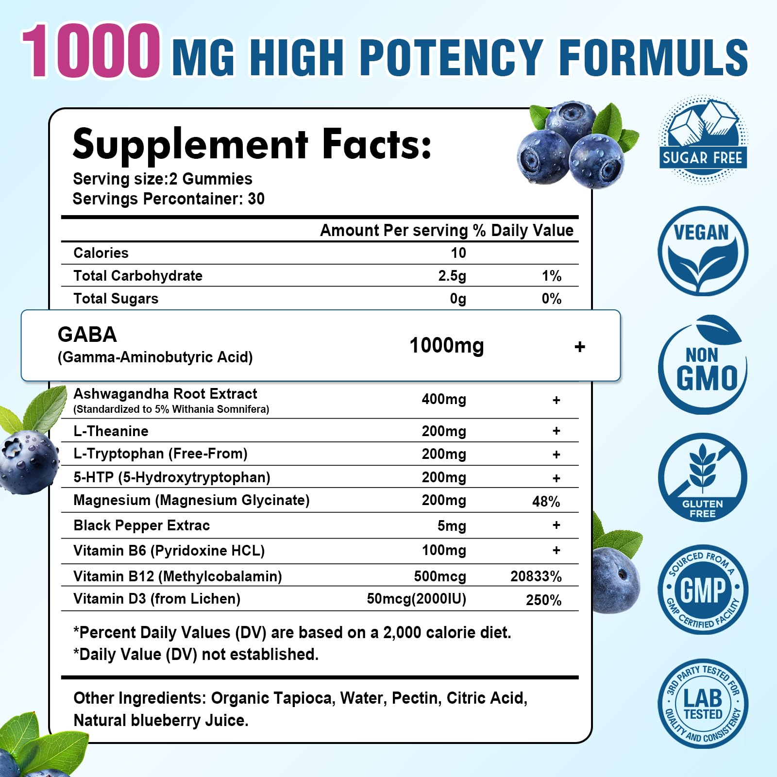 Sugar-free vegan GABA gummies with blueberry flavor.