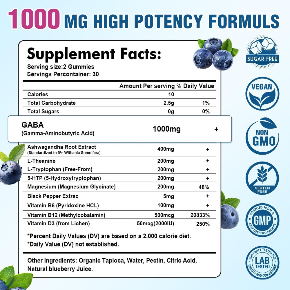 Sugar-free vegan GABA gummies with blueberry flavor.