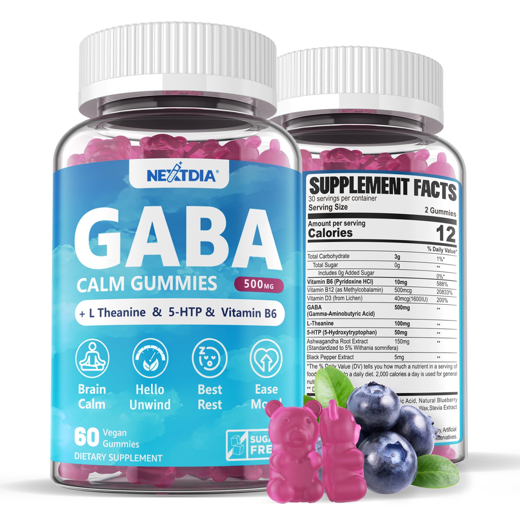 GABA Gummies Blueberry flavor front view, 500 mg per gummy