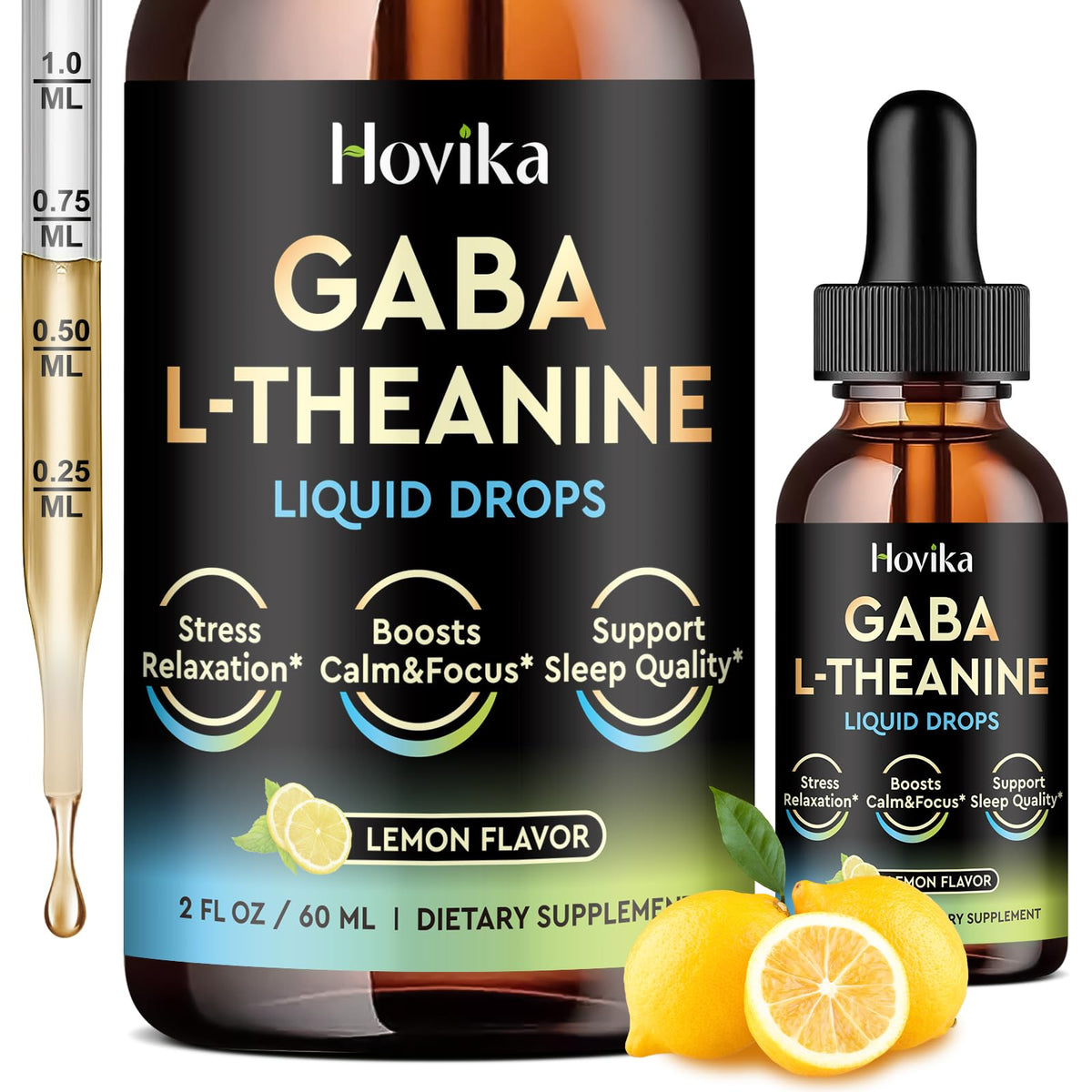 Bottle of GABA L-Theanine Drops lemon flavor 2 oz