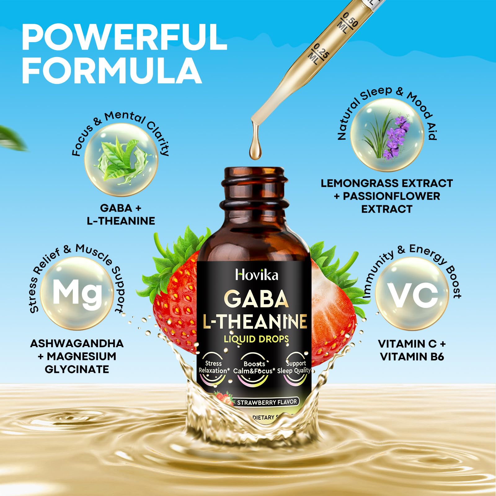 2 oz bottle of GABA L-Theanine Drops with Strawberry flavor