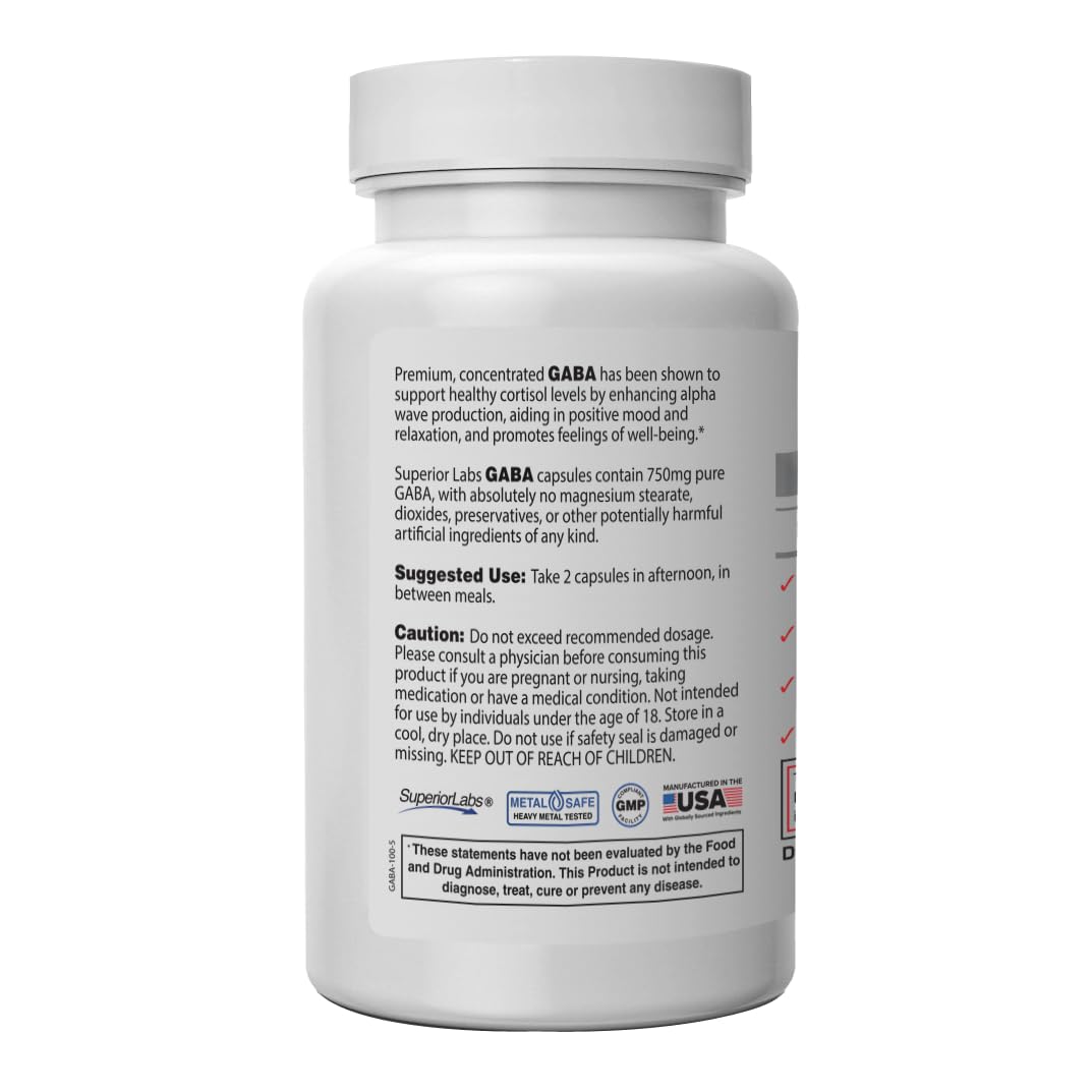 GABA 750mg bottle - back label with supplement facts
