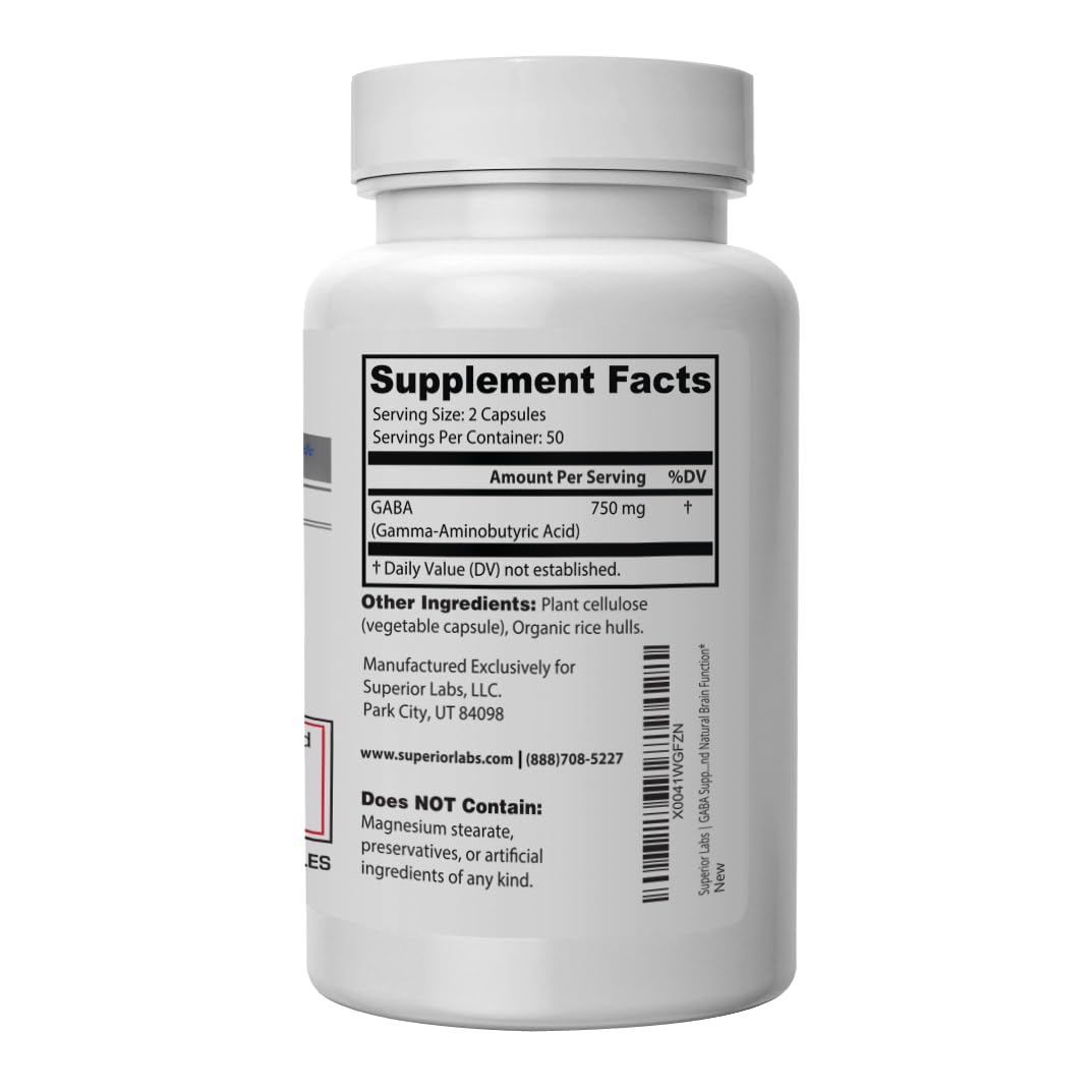 Close-up of GABA 750mg bottle label