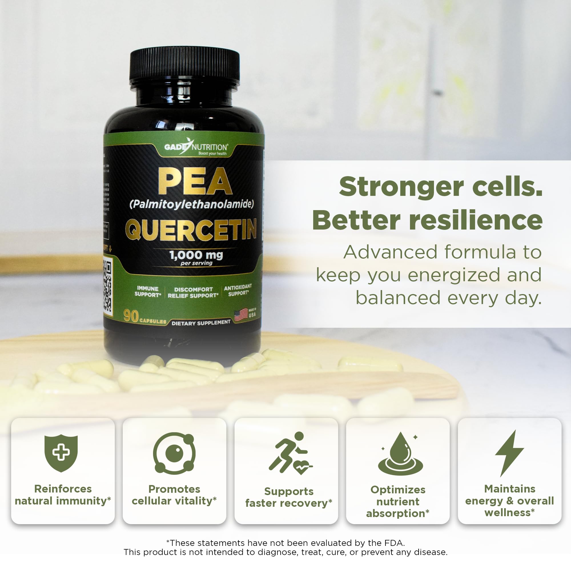 Bottle of Gade Nutrition PEA and Quercetin supplement