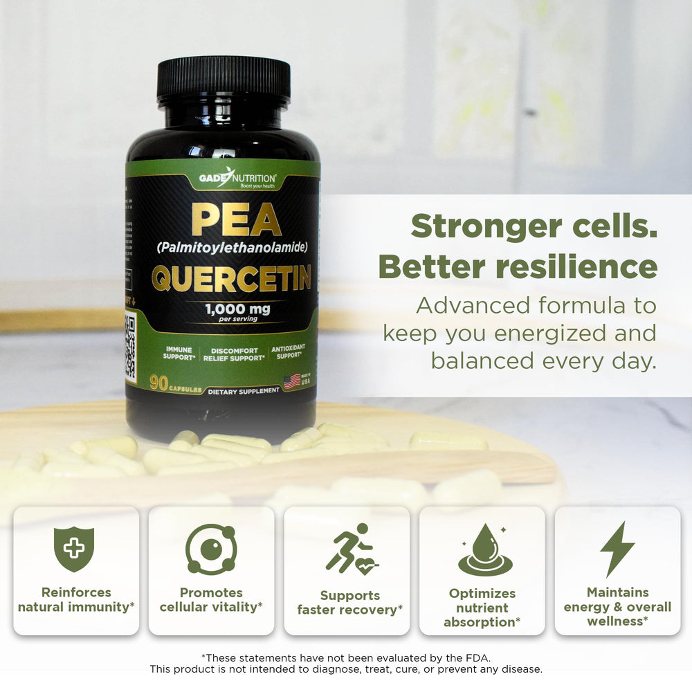 Bottle of Gade Nutrition PEA and Quercetin supplement
