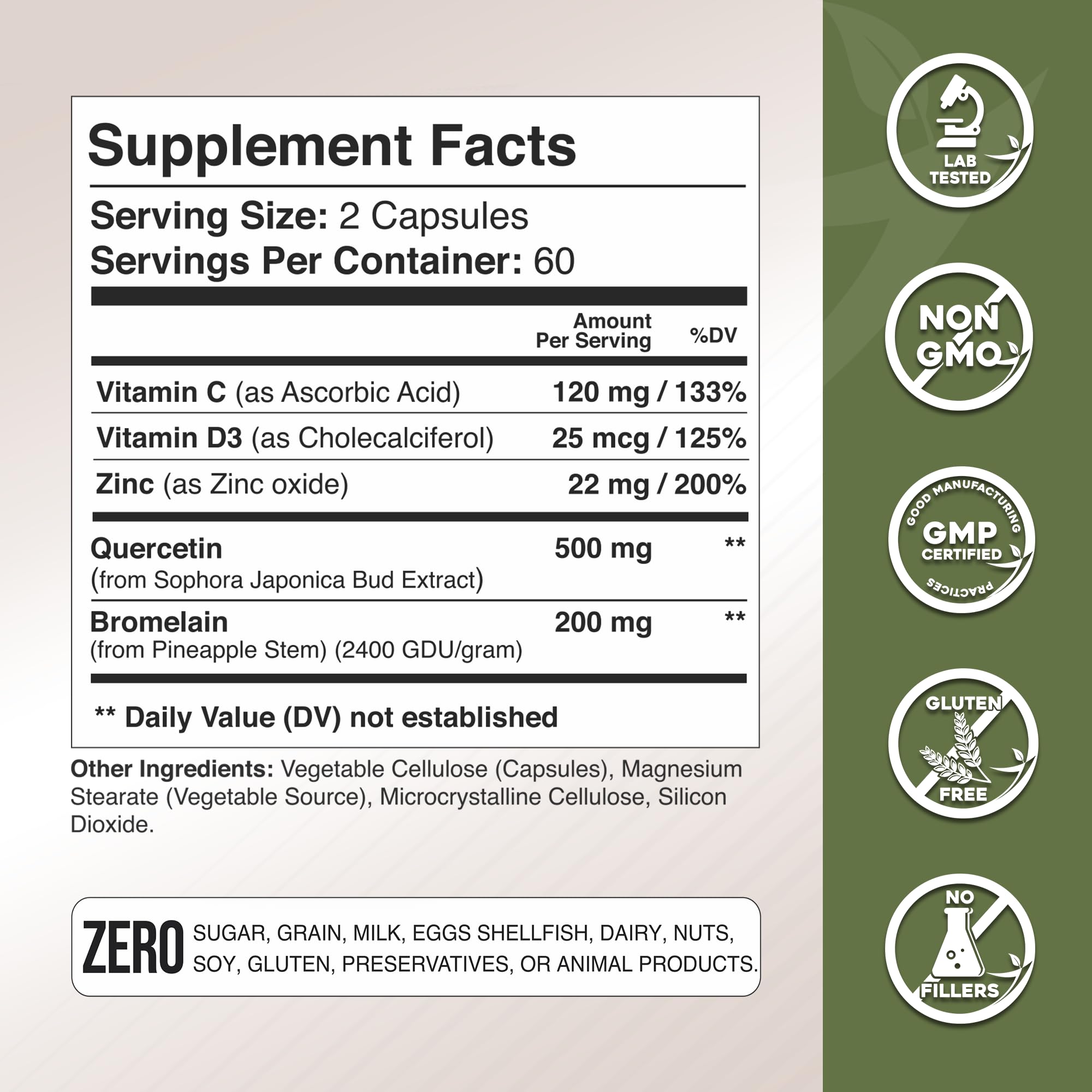 Bromelain and quercetin supplement packaging with label
