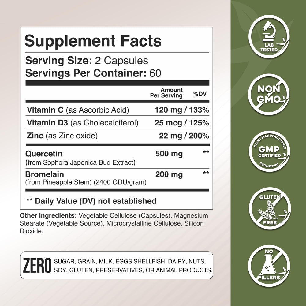 Bromelain and quercetin supplement packaging with label