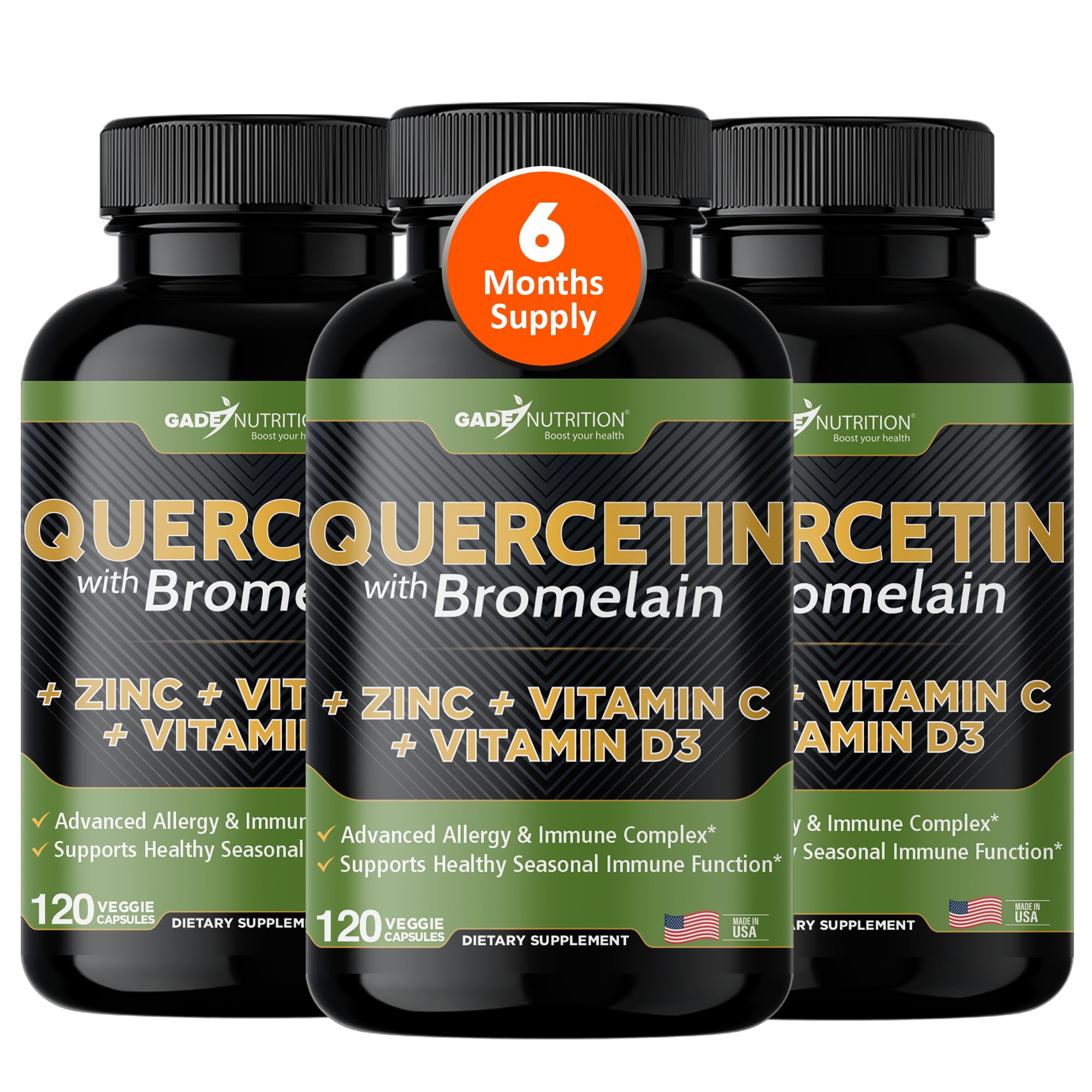 Bottle of Gade Nutrition Quercetin 500mg with Bromelain, Vitamin C, and Zinc