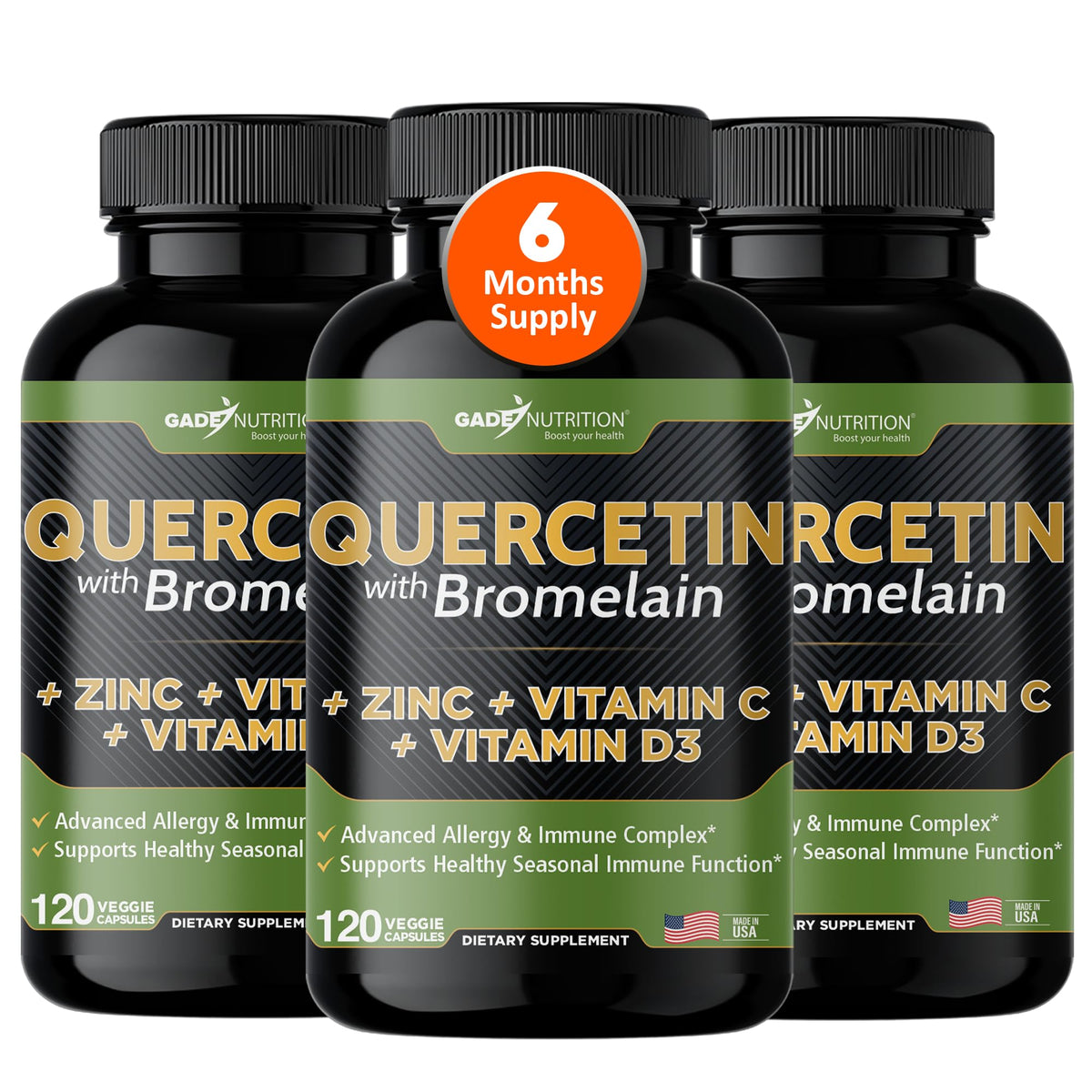Bottle of Gade Nutrition Quercetin 500mg with Bromelain, Vitamin C, and Zinc