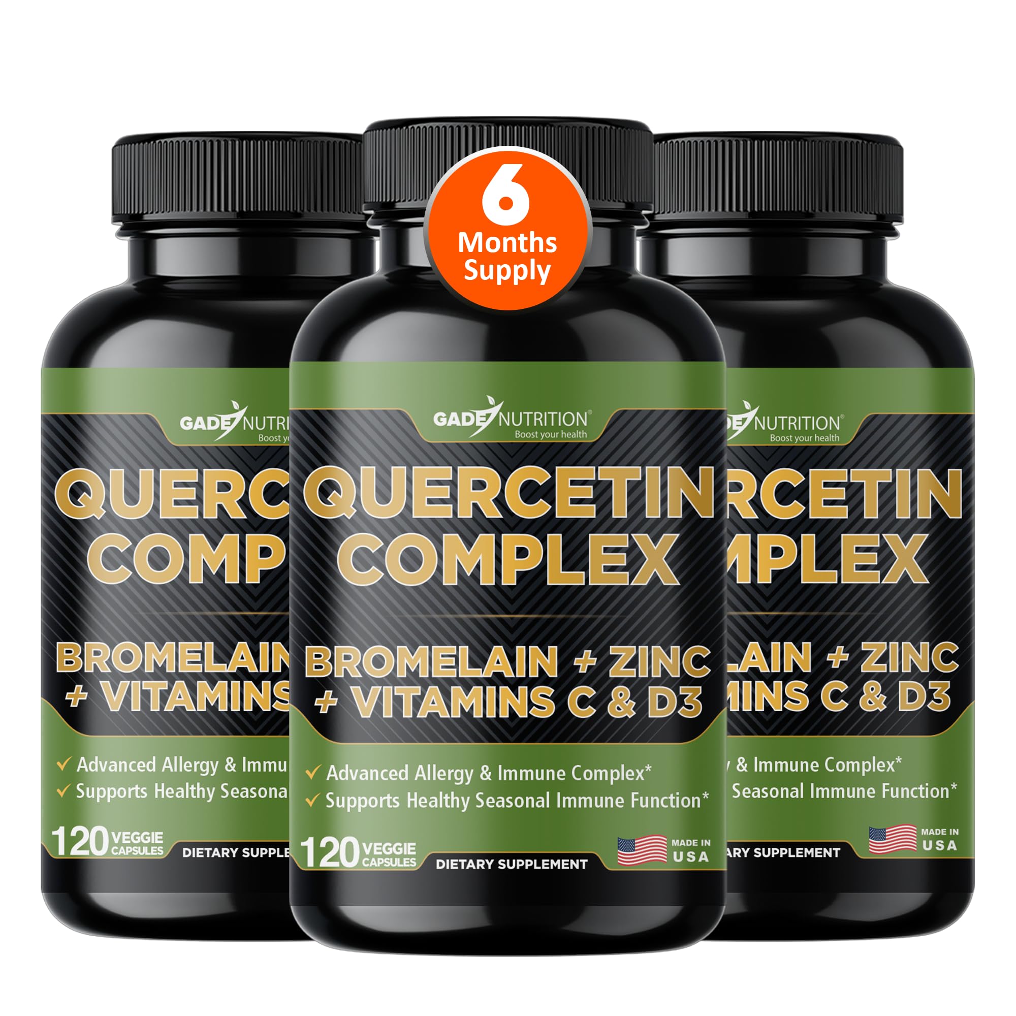 Gade Nutrition Quercetin 500mg bottle with bromelain and vitamin C and zinc