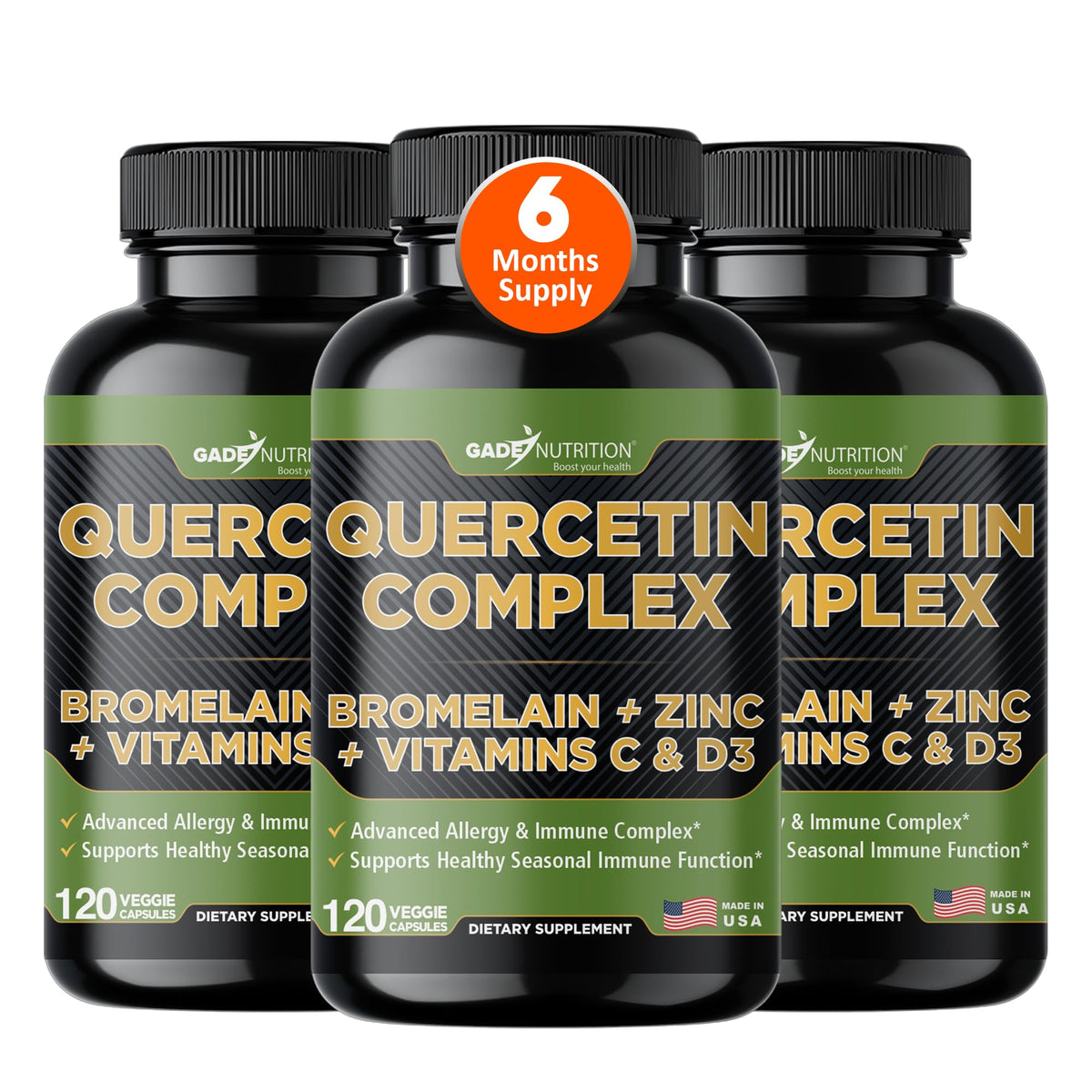 Gade Nutrition Quercetin 500mg bottle with bromelain and vitamin C and zinc
