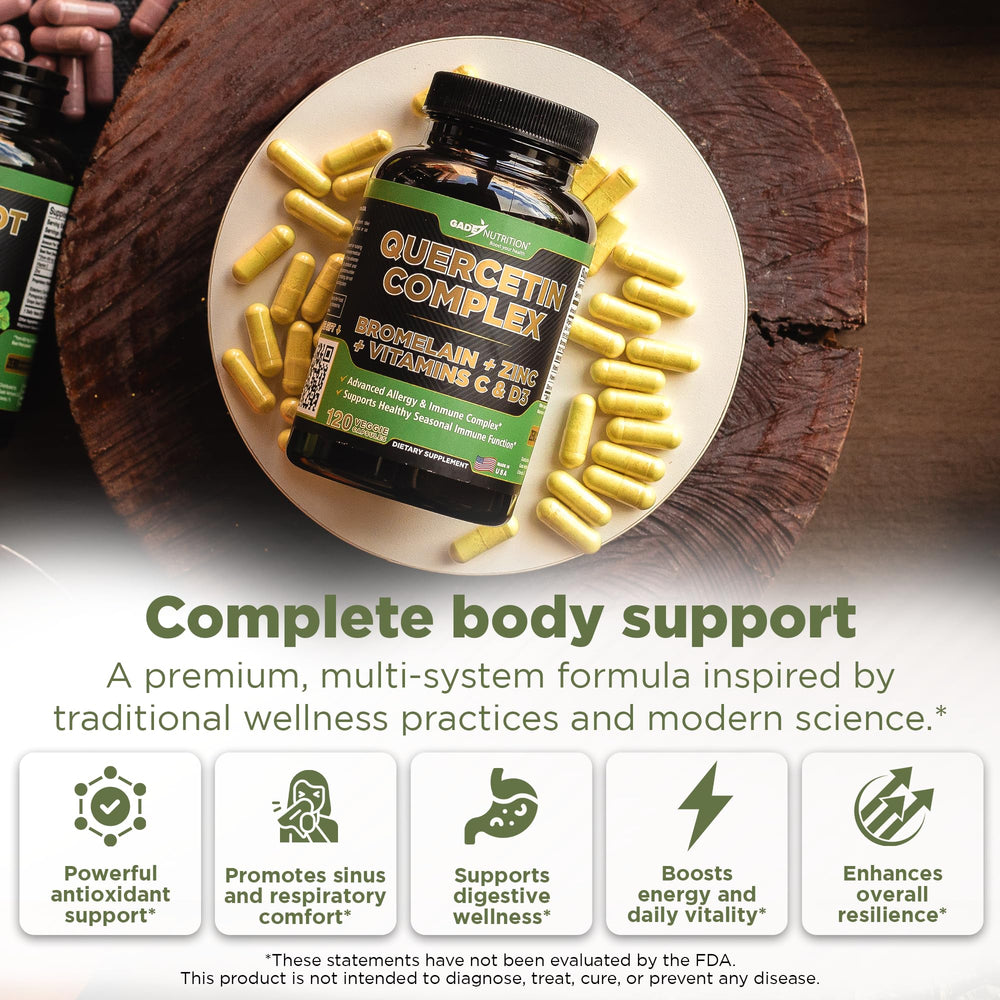 Close-up of quercetin bromelain supplement capsules