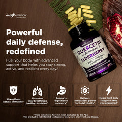 Ingredients panel showing quercetin, bromelain, elderberry, vitamin C, zinc and vitamin D3.