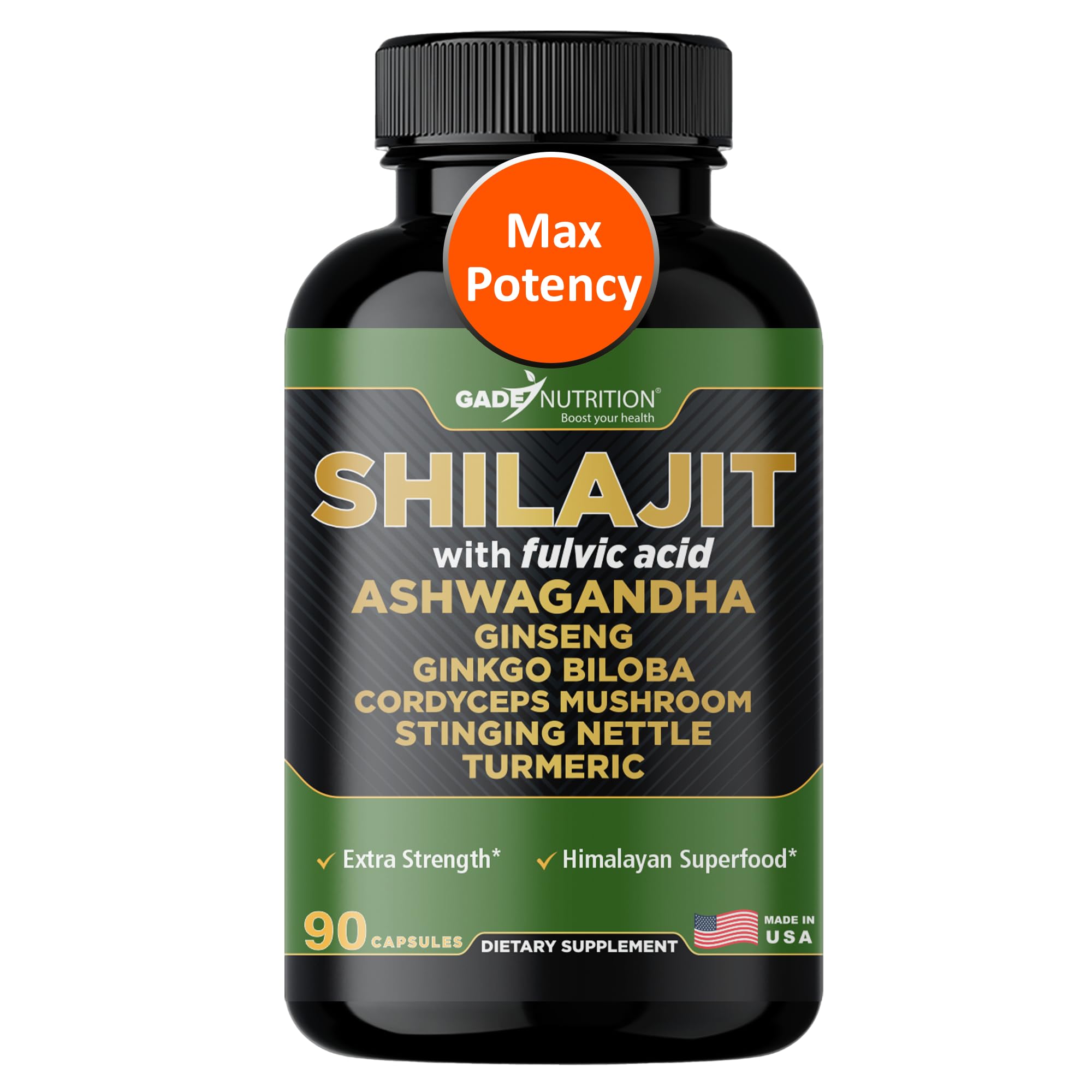 Bottle of Gade Nutrition Shilajit capsules with Ashwagandha