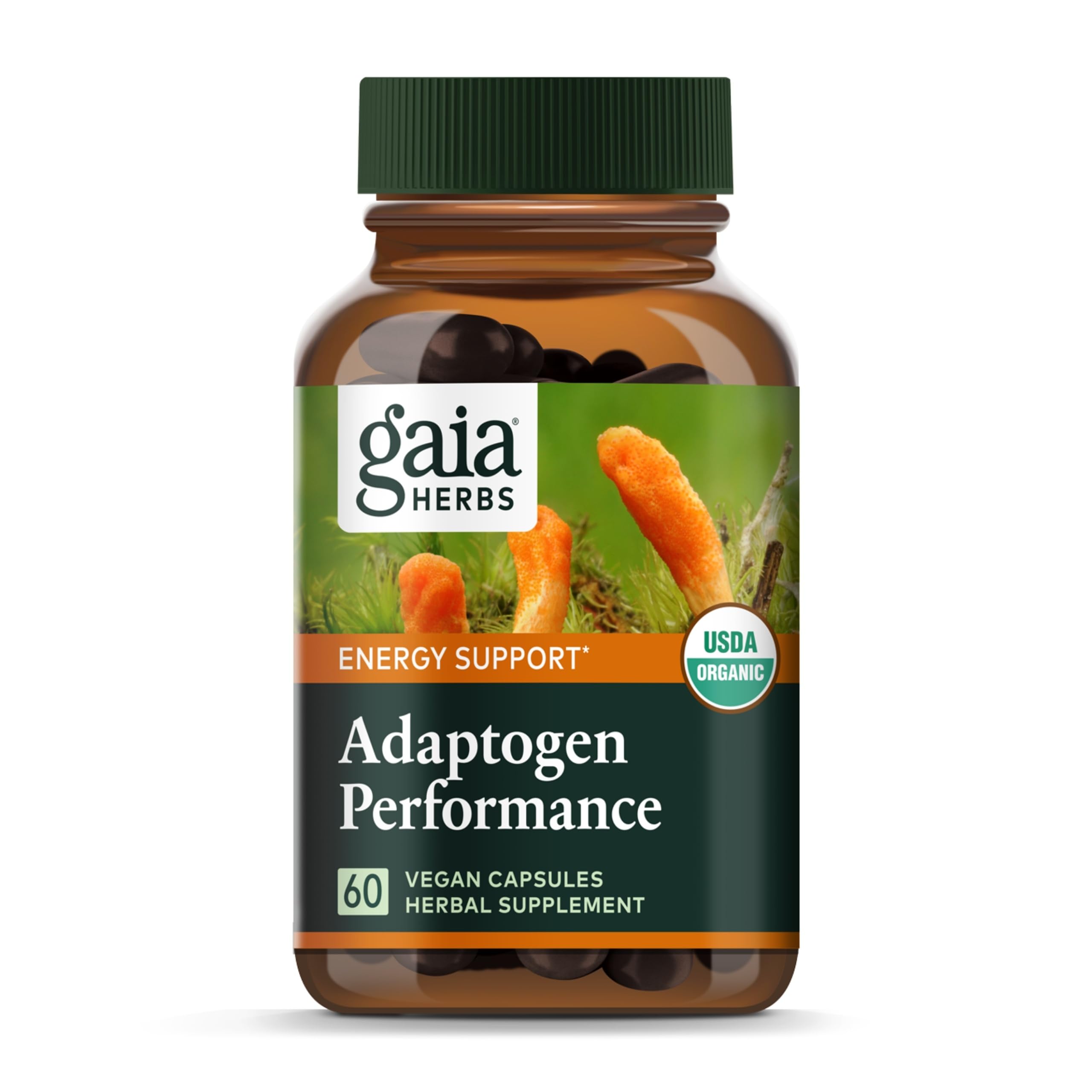 Gaia Herbs Adaptogen Performance Mushrooms and Herbs bottle label featuring cordyceps and ashwagandha
