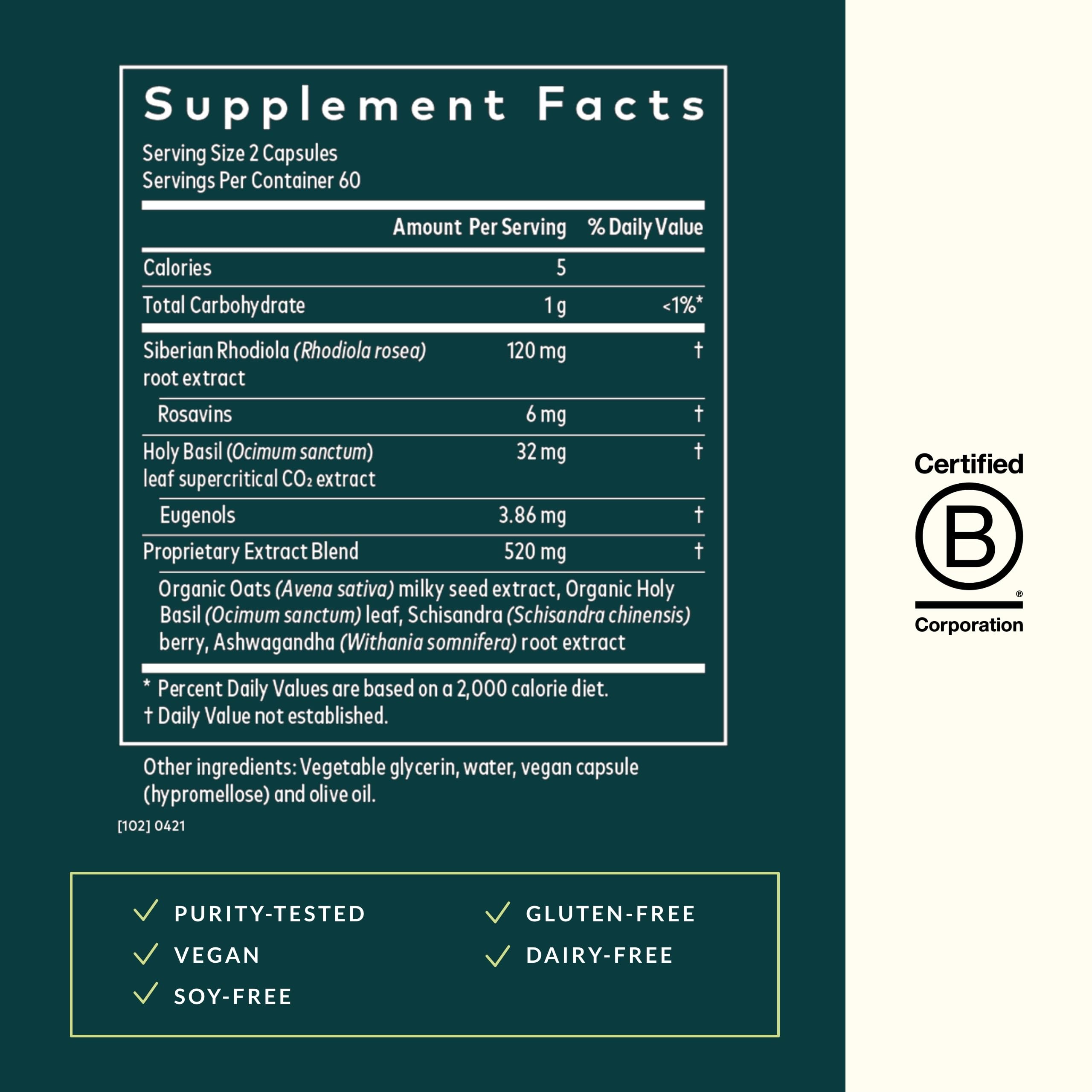 Herbs in formula: ashwagandha, holy basil, rhodiola rosea, schisandra