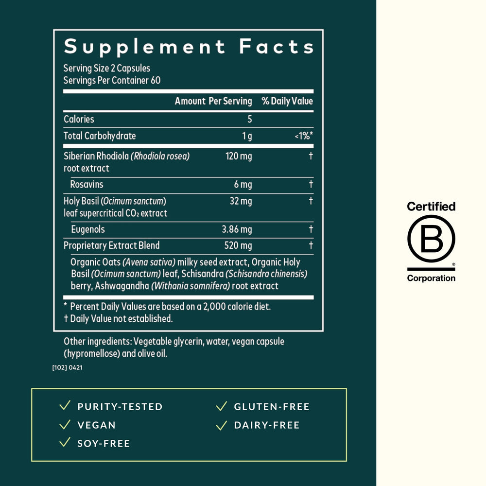 Herbs in formula: ashwagandha, holy basil, rhodiola rosea, schisandra