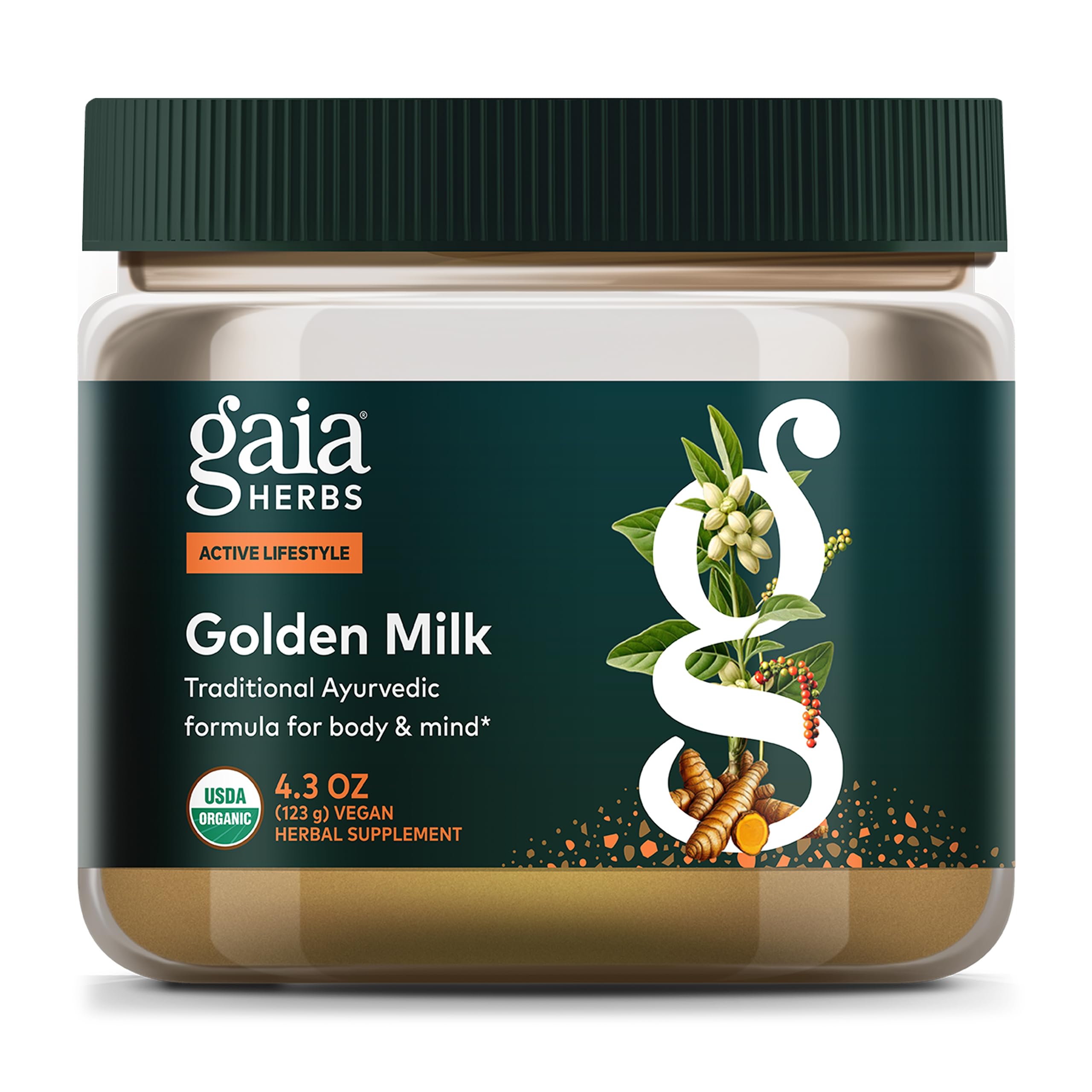 Gaia Herbs Golden Milk powder ingredients: turmeric black pepper ashwagandha dates cardamom and vanilla